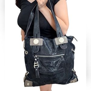 B. Makowsky Leather Shoulder Bag Hobo Tote Satchel Crossbody Large Black